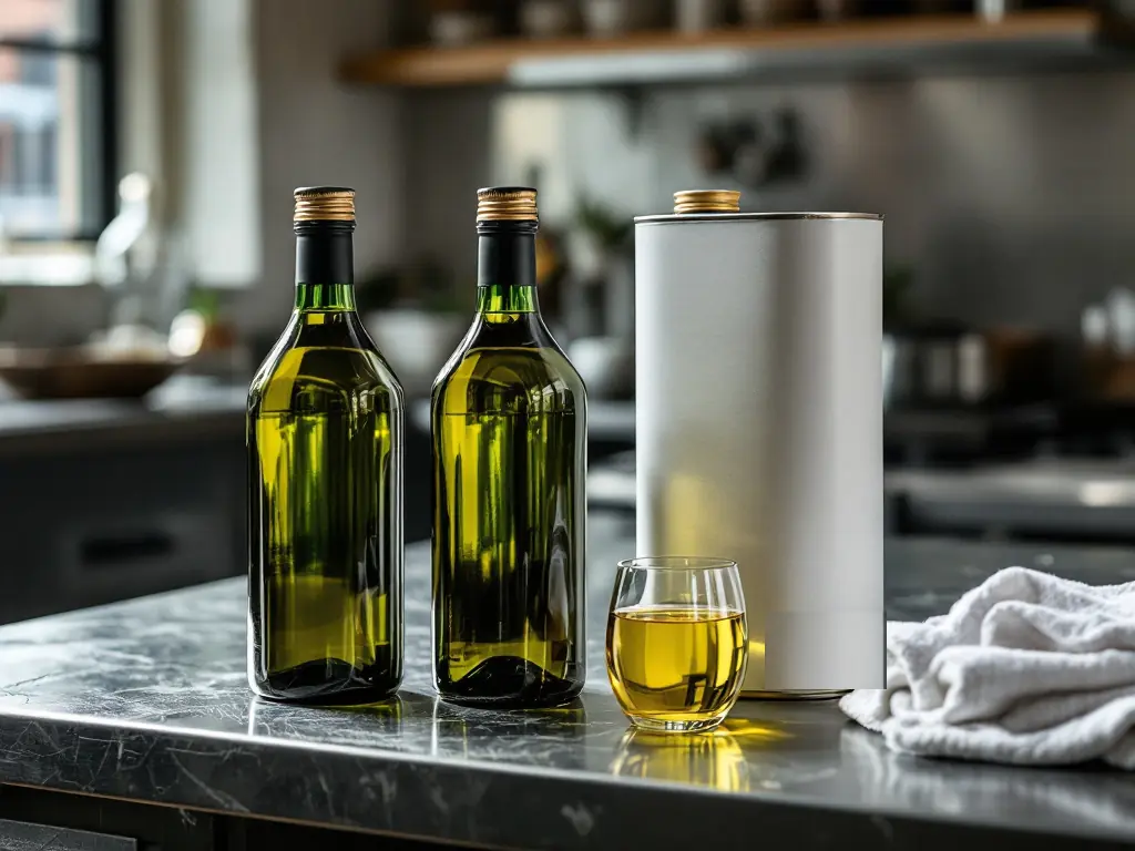Green glass bottles and a plain 3 litre tin of olive oil on a stainless steel restaurant prep table beside a tasting glass