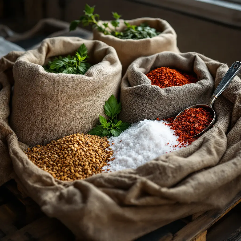 Open burlap sacks of whole seed, coarse sea salt and crushed chili on a wooden pallet, a steel scoop resting in the salt