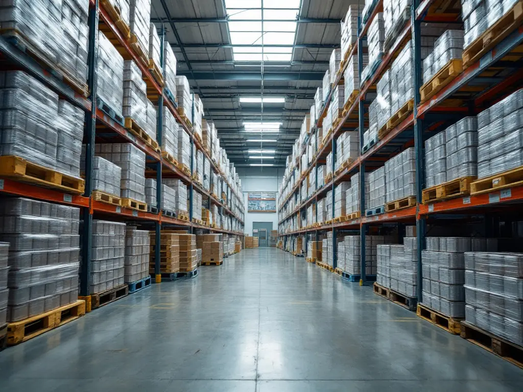 Warehouse aisle with shrink-wrapped pallets of tinned goods stacked on steel racking under skylights